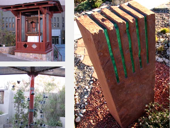 A view of three distinctive works of art surrounded by native plants in the desert gardens.